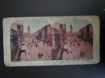 1925 A.C. Company Stereoview Card Albert Clock Belfast Ireland  Good Condition