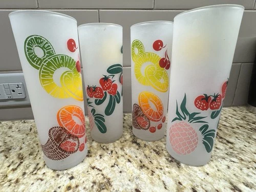 Vintage Federal Glass Frosted Fruit Tumblers Tom Collins Set of 4 MCM