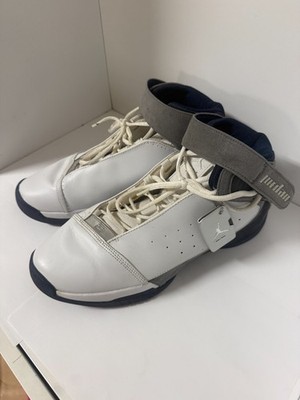 Jordan Team Strong basketball shoes in White and Blue colorway, men's size 12.