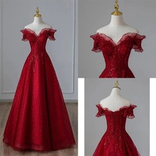 Wine Off Shoulder Luxury Prom Dress Princess Banquet Lace Decal Party Ball Gowns