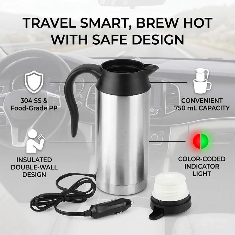 Car Electric Kettle 120W Power Long 95cm Power Cord Portable Travel Water Boiler