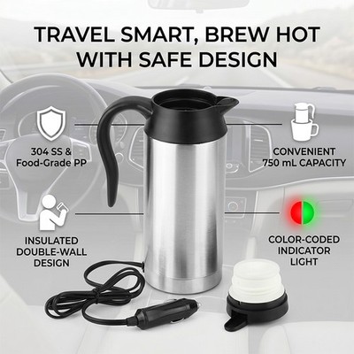 Car Electric Kettle 750ML Large Capacity Anti Burn Insulated Shell Safe Vehicle
