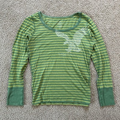 Y2K American Eagle Green Off The Shoulder Stripped Top With Graphic | Size XL