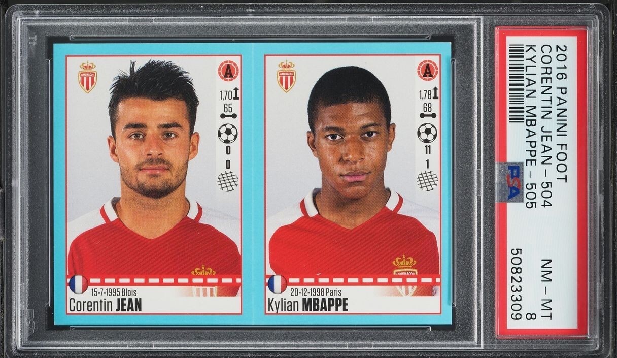 2016 Panini Foot Kylian Mbappe True Rookie RC #504/505 Sticker PSA 8 Monaco