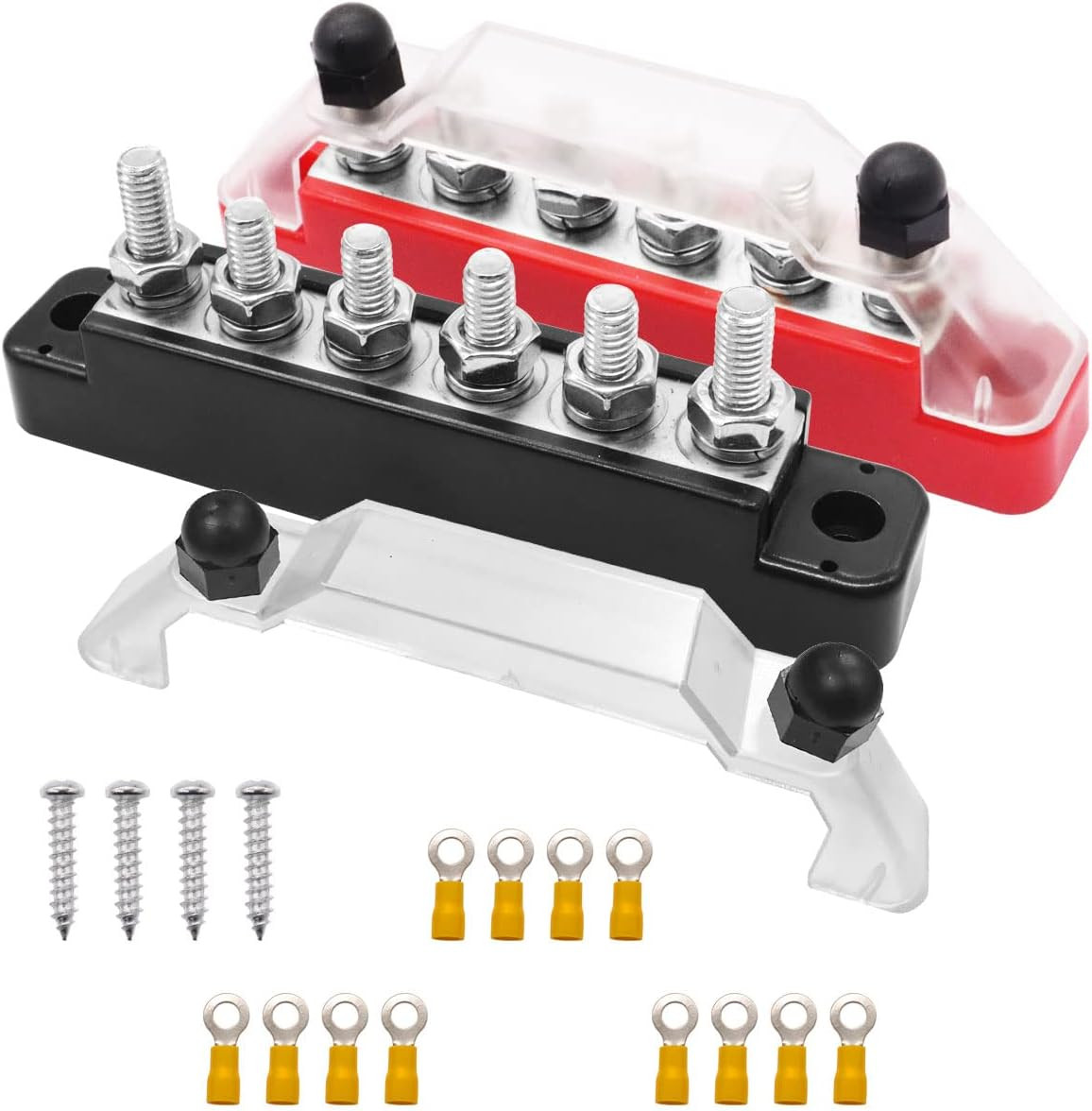 150A 12V-48V Bus Bar Marine Power Distribution Block with Cover with 6 X 1/4”Pos