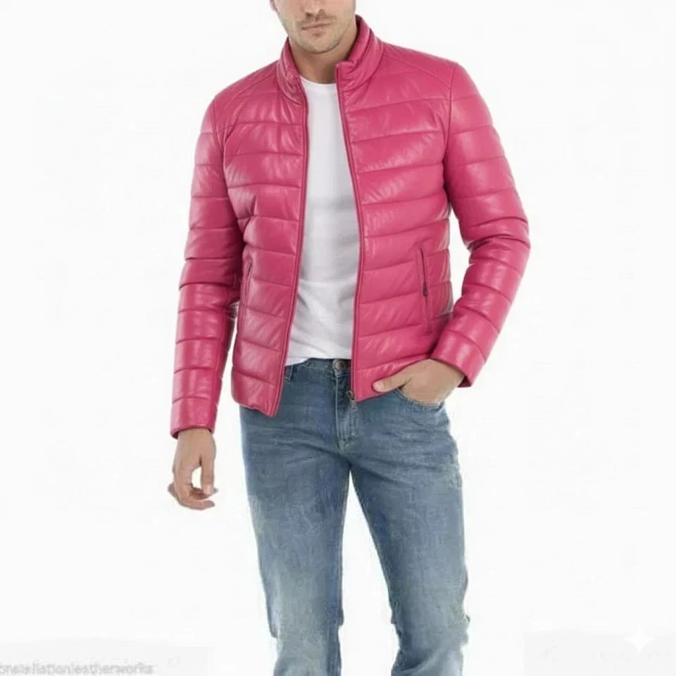 Chaqueta acolchada hecha a mano motociclista motocicleta elegante informal piel de cordero cuero para hombre Foto 4 de 4