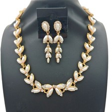 Gold Tone Faux Pearl Crystal Necklace  Dangle Earrings Set Bridal Formal