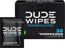 DUDE Wipes   On-The-Go Flushable Wipes, 30 Wipes, Unscented, Extra-Large