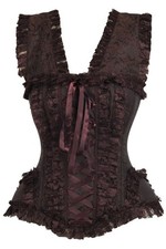 Daisy Corsets Top Drawer Brown Swirl Brocade Lace Steel Boned Bustier Sleeves