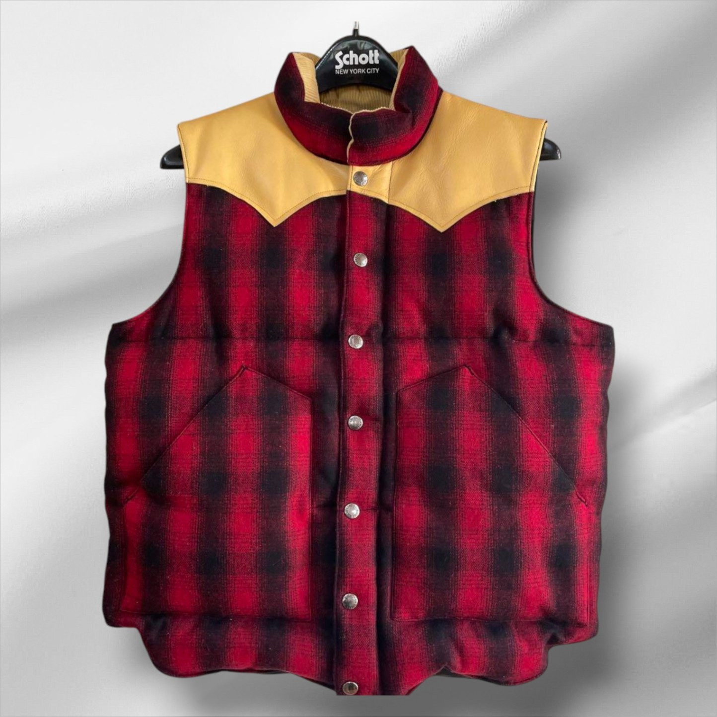 Sugar Cane Men's M Leather Yoke Wool Check Down Vest Red Sugar Cane Men's M Leather Yoke Wool Check Down Vest Red