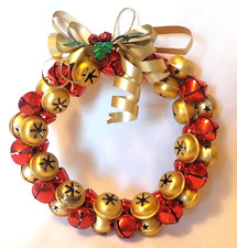 Christmas Red  Gold Working Metal Jingle Bells 8" Double Sided Door Wreath