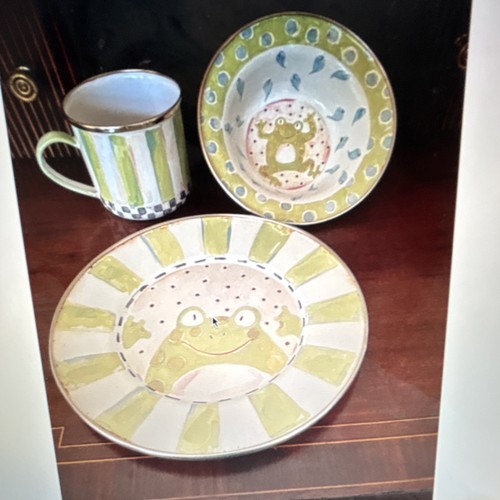 MacKenzie-Childs Kids 3pc Ceramic Frog Dinner Set Plate Bowl Cup Green/White
