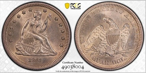 1861 SEATED LIBERTY QUARTER PCGS MS62 038004