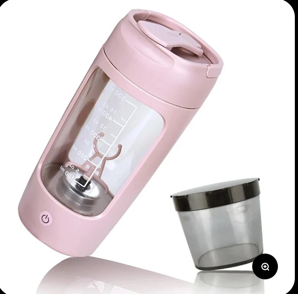 PINK 650ml Electric Protein Shaker Bottle USB Mixer Cups With Powder Cup.