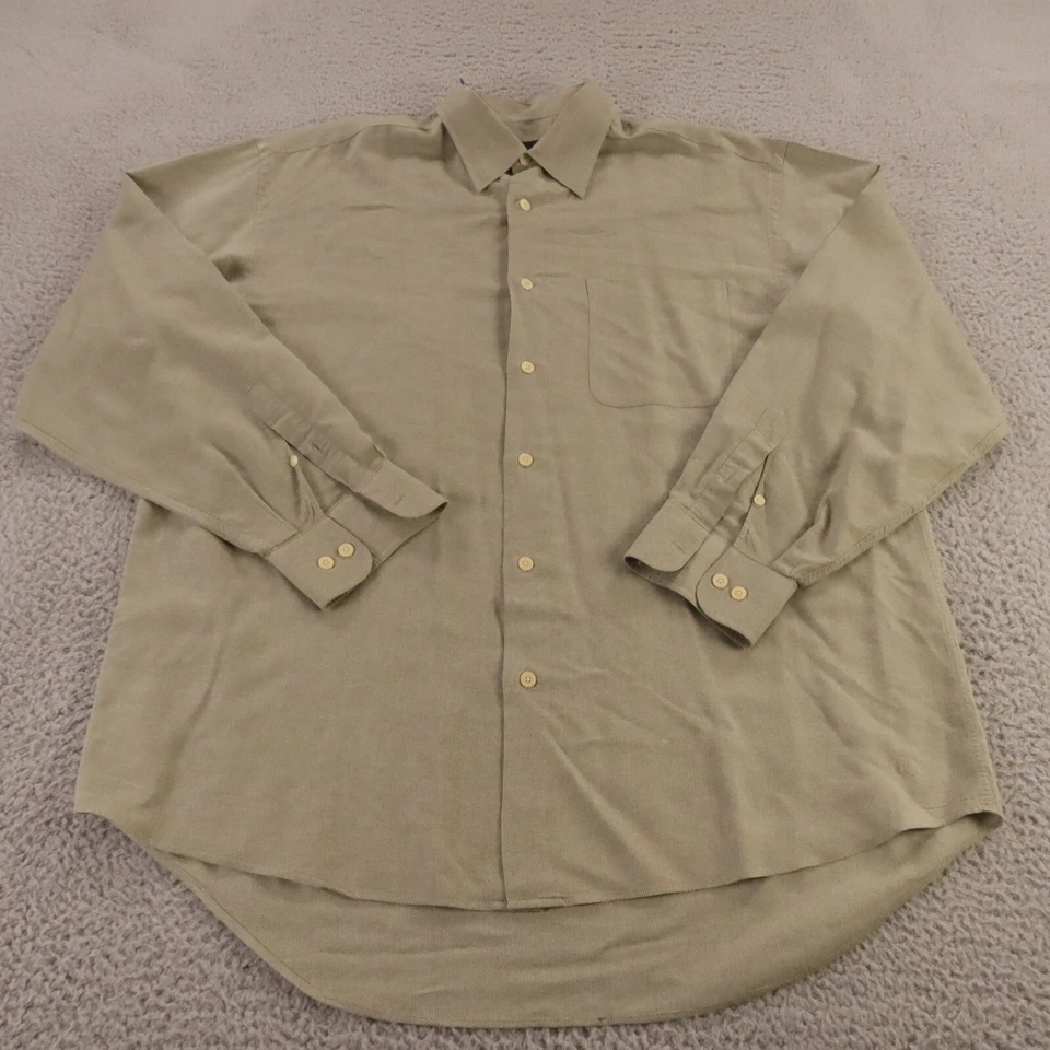 Рубашка Hickey Freeman мужская L бежевая желтовато-коричневая марлевая хлопковая на пуговицах сделано в Италии - Изображение 2 из 4