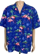 Vintage Paradise Found Hawaiian Camp Aloha Blue Shirt Size XXL Flamingos Cotton