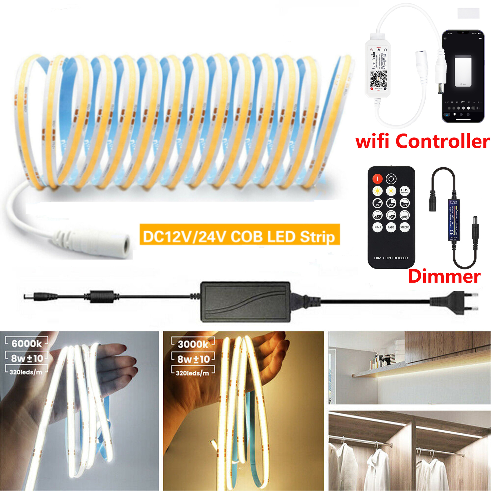 Striscia LED Cob 12V 24V striscia luminosa striscia WW/CW/NW Dimmar autoadesiva DHL