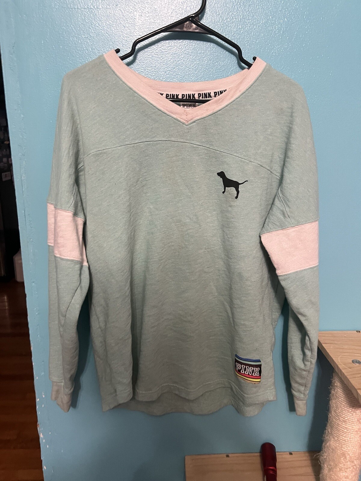 Victoria's Secret PINK Sweatshirt Sz Medium Top Green White Logo Oversized 1024