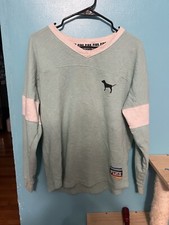Victoria's Secret PINK Sweatshirt Sz Medium Top Green White Logo Oversized 1024