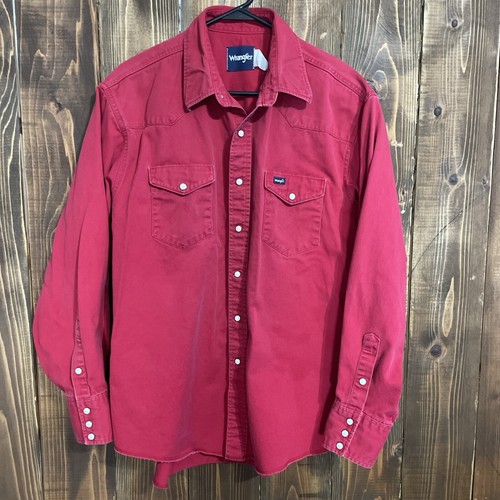 Wrangler Pearl Snap Shirt Mens Sz Large Red Denim Western Cowboy Brush Popper