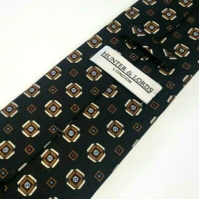 Hunter Lords London Mens Silk Tie Textured Black Silver Medallion Made in Italy