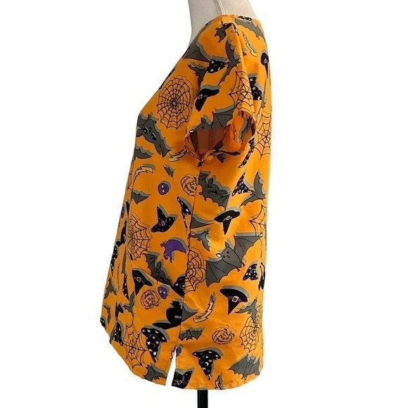 Green Town Halloween Medical Nursing Foil Scrub Uniform Top  Women’s SZ XS - Image 3 of 4