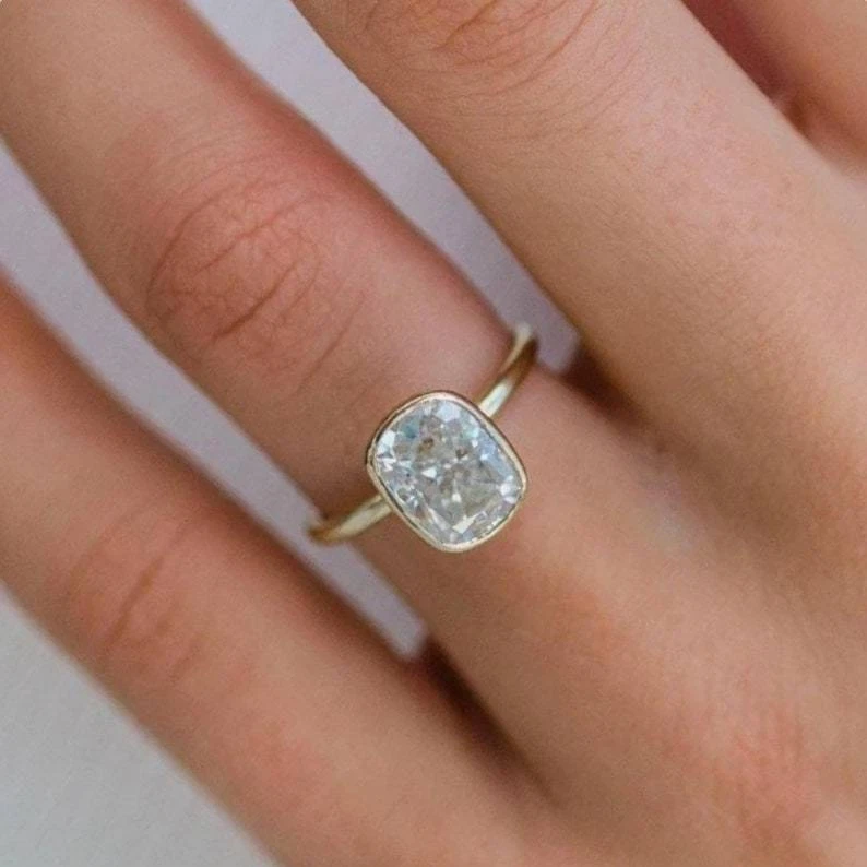 2CT Elongated Cushion Cut Diamond 10K Yellow Gold Bezel Set
