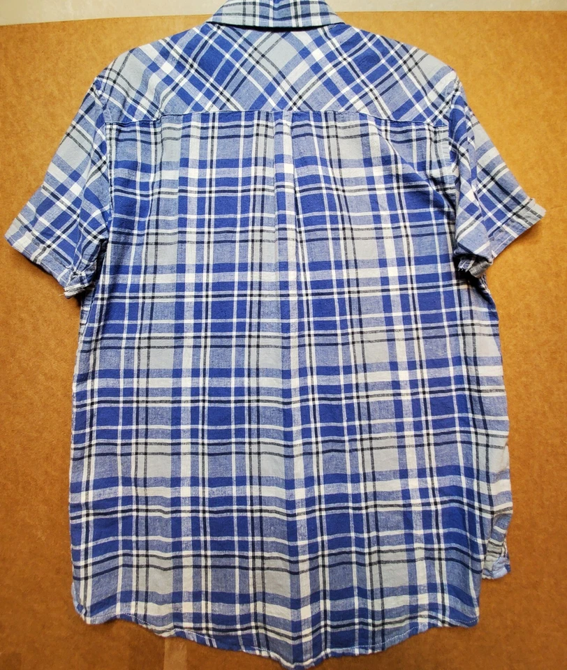 Report Collection Resort Mens Short Sleeve Button Shirt Large Blue Plaid Linen - Image 4 of 4