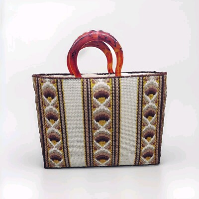 Vintage 1970s Crochet Knit Tortoise Top Handle Tote Bag Multicolor Bag 