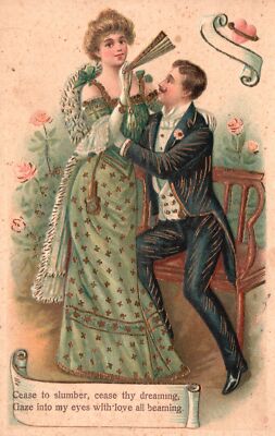 Cease To Slumber Thy Dreaming! Man Hugging Beautiful Girl Love Embossed Postcard