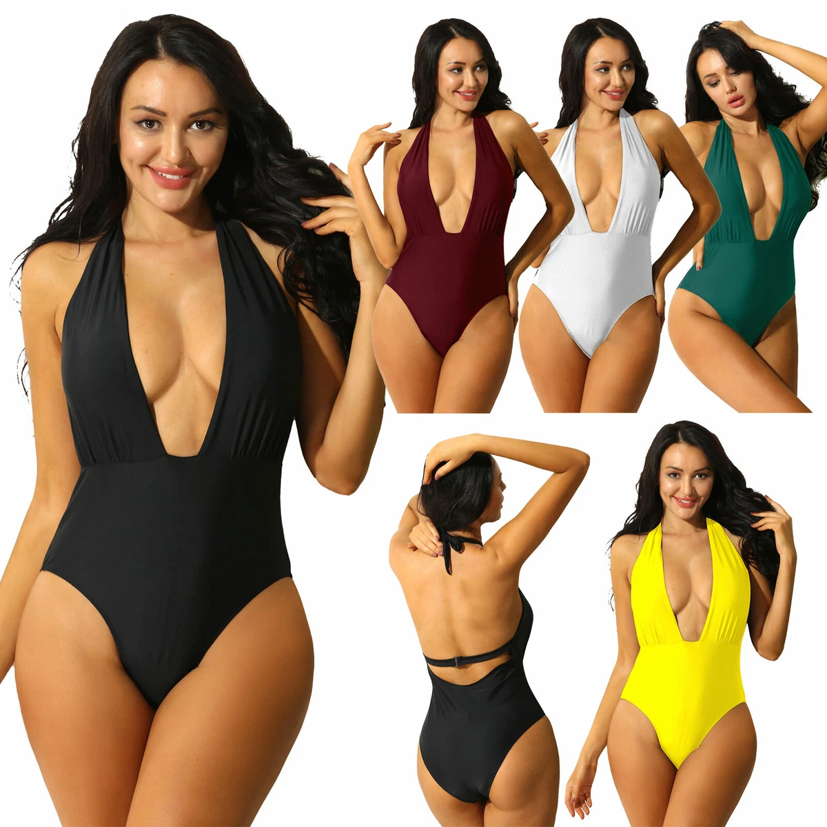 Women Sexy One-Piece Plunge Swimsuit Bikini Push-Up Swimwear Backless  Beachwear