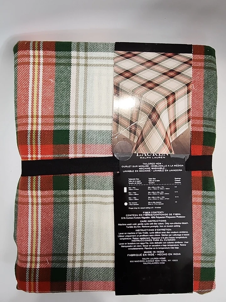 Lauren Ralph Lauren tartan plaid tablecloth red green white rect cotton+poly NWT - Image 2 of 3