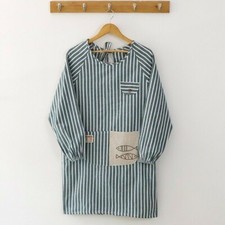 Cotton Linen Apron Stripe Long Sleeve Cooking Baking Kitchen Chef Pockets Green