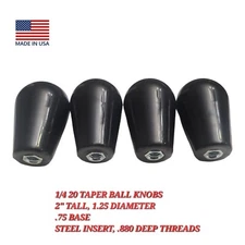4  Pack  1/4-20 Tapered Ball Knobs, 2" Tall, 1.25 Diameter, Black, Steel Insert