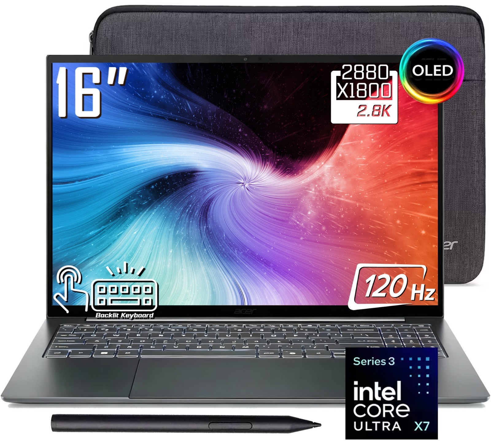 Acer Swift 16 16" 3K OLED 120Hz Touchscreen Laptop Intel Core Ultra X7 358H 2TB