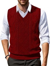 Mens V Neck Sweater Vest Cable Knit Casual Sleeveless Pullover Sweater