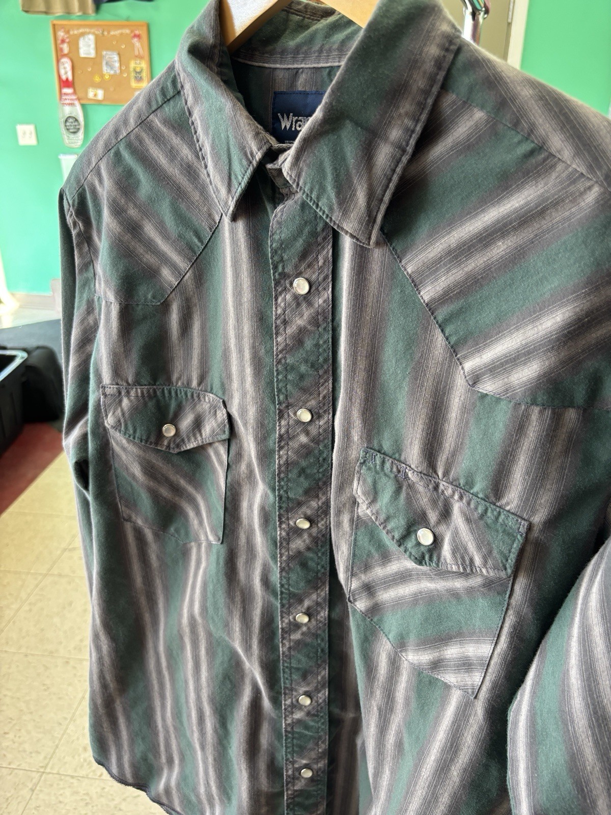 Vintage Wrangler Western Long Sleeve Snap Shirt Green Medium Square Stripes