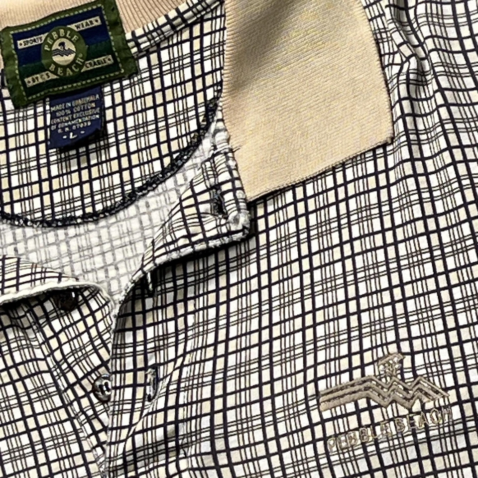 VINTAGE Pebble Beach Polo Shirt Mens Large Black White Plaid Beige Collar Golf - Image 4 of 4