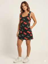 Urban Outfitters Cherry Mini Dress Womens S Black Excellent Retro Pockets