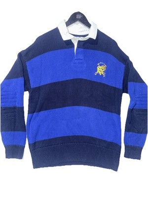 New Polo Ralph Lauren Striped Rugby Sweater Mens Royal Combo Cotton Size Large