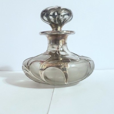   Art Nouveau Sterling Silver Iris Flower Glass Perfume Bottle Alvin Art  