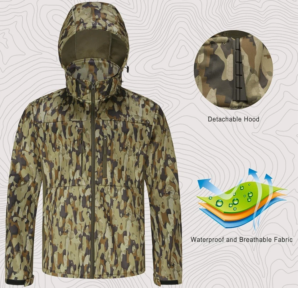 Conjunto de chaqueta y pantalón de caza silencioso resistente al agua, forrado de lana, correa de seguridad Foto 3 de 4