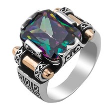 925 Sterling Silver Mystic Topaz Stone Men's Ring Turkish Handmade Jewelry
