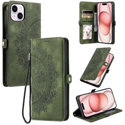 Dunkelgrün geprägte Lederhülle für iPhone 15 Plus Skin Feel Totem