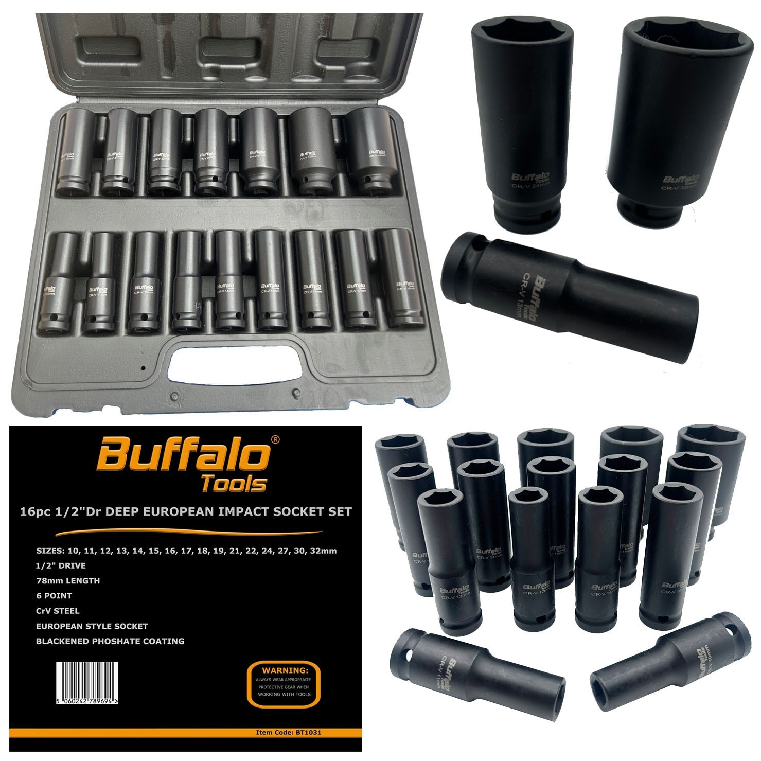 16pc Deep Impact Socket Set 1/2 Inch Sockets Metric 10-32mm 6 Point Long Reach