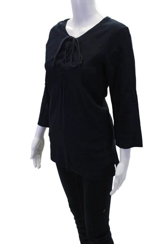 Blusa negra Theory para mujer con detalle de escote con cordones de lino manga 3/4 talla S Foto 2 de 4