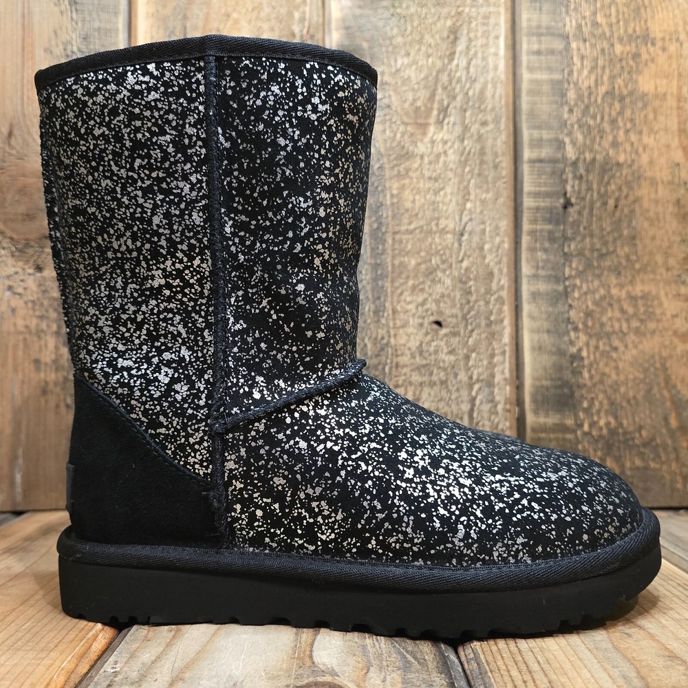 WOMENS US 5 UGG CLASSIC SHORT II FOIL GLAM BLACK BOOTS SUEDE WOOL EUR 36