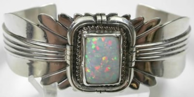#ad Cuff Bracelet Signed L. James Simulated Opal Sterling Silver Statement Jewelry $698.99