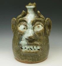 WA FLOWERS POTTERY 1999 N. CAROLINA FOLK ART DEVIL FACE JUG LARGE 11"