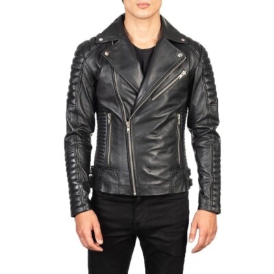 Leather Jacket Men's Biker Motorcycle Style Men Slim Fit Real Racer Soft Black 3